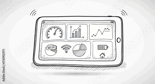 Hand-drawn tablet displaying various data visualizations and connectivity icons on its screen.