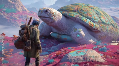 Backpacker walking towards a giant, patterned turtle on a strange, pink, otherworldly landscape