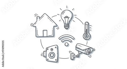 Hand-drawn sketch of smart home devices for automation and IoT concept.