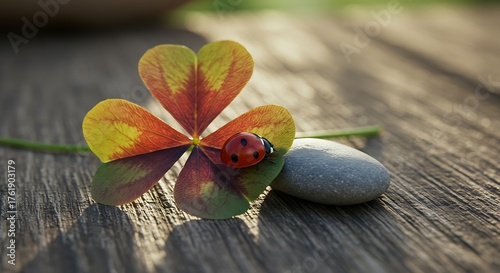 Lucky Four Leaf Clover with Ladybug and Stone on Wooden Surface.