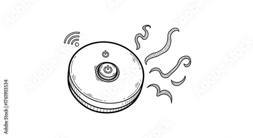 Detailed Black and White Illustration of a Robotic Vacuum Cleaner.