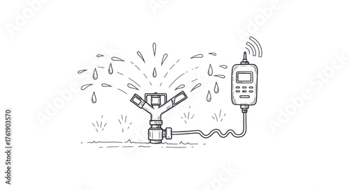Sprinkler system with water spraying and connected control panel irrigation technology.