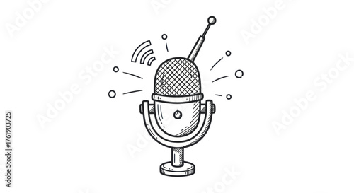 Hand-drawn vintage microphone with antenna and wireless signal.