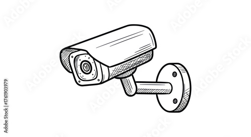 Hand-drawn sketch of a modern security surveillance camera mounted on a wall.