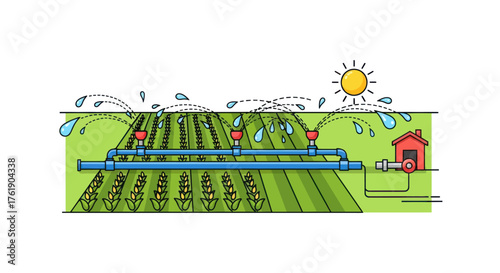 Agricultural irrigation system watering crops under a bright sun.