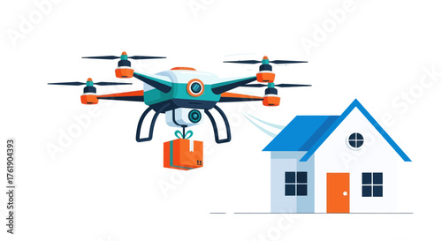 Delivery Drone Carrying Package Approaching House Modern Technology.