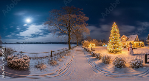 Winter New Year's night landscape with a festive tree, house and snow