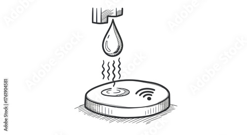 Leaky Faucet Drip on Smart Water Sensor Sketch Style.