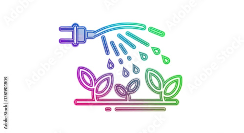 Colorful hose watering small green plant sprouts in a garden.