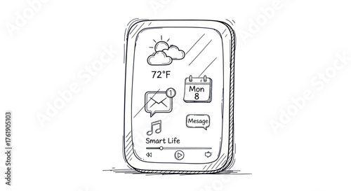 Hand-drawn sketch of a modern smartphone displaying a smart home interface with weather and calendar icons.