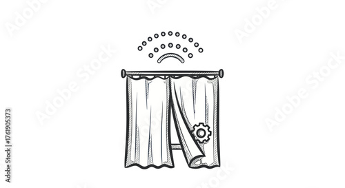 Hand-drawn illustration of a stage curtain with a gear and lights.