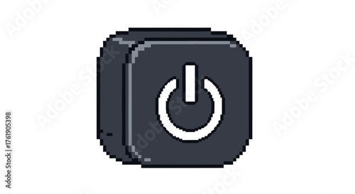 Retro pixel art dark gray power button icon with white on-off symbol.