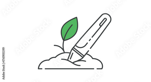 Pen planting a green sprout in fertile soil symbolizing growth and creativity.