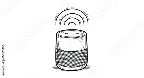 Hand-drawn illustration of a smart speaker emitting sound waves.