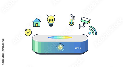 Smart home automation hub with colorful lights and icons for security lighting and climate control.