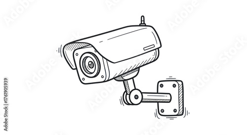 Hand-drawn illustration of a security surveillance camera mounted on a wall.