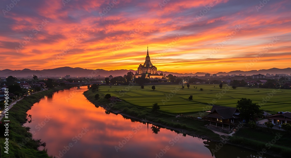 Obraz premium Majestic temple illuminated by vibrant sunrise over reflective riverside