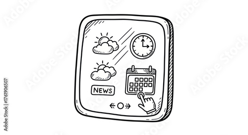 Hand-drawn sketch of a digital device displaying weather news and calendar icons.