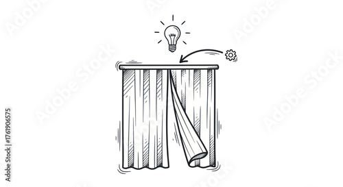 Hand-drawn curtain revealing a new idea with a glowing lightbulb illustration.