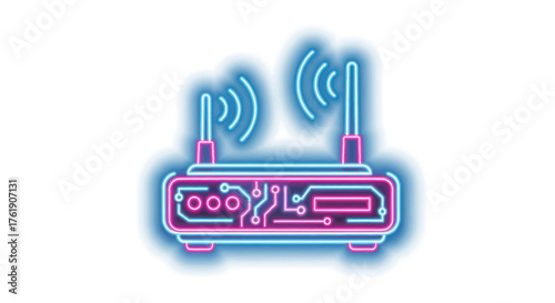 Neon Style Wireless Router with Antennas Emitting Signal Waves.
