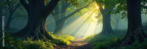 Mystical Forest Path Sunlight Dapples Ancient Trees in an Enchanted Woodland, Revealing a Mist-Shrouded Journey