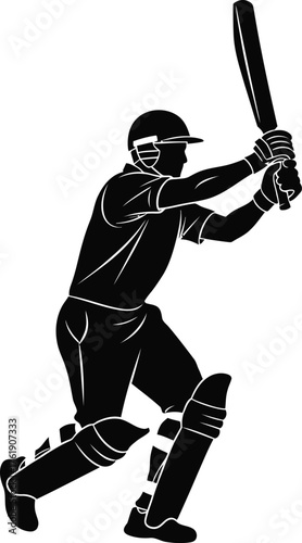 Silhouette of a cricketer batting in action