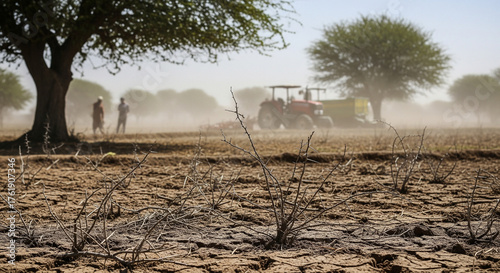 Crop failure due to drought, a problem facing farming and agriculture. A dry field with abandoned tractors.