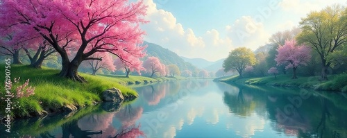 Serene Spring Landscape Tranquil Waters Reflecting a Calm Sky, Gentle Breeze Rustling Through Trees, Peaceful Atmosphere, Perfect for Relaxation and Nature Themes