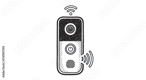 Hand-drawn sketch of a smart video doorbell with a camera and wireless Wi-Fi signal.