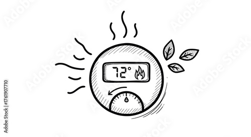 Hand-drawn thermostat displaying 72 degrees with heat symbol and leaves.