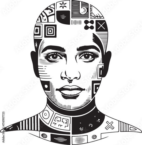 Man s face adorned with geometric patterns and symbols
