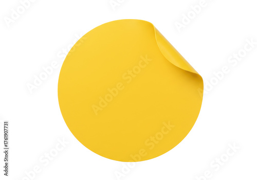 Bright yellow round sticker PNG isolated on transparent background, adhesive label with curled corner for branding and product design