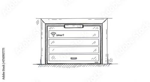 Hand-drawn sketch of modern smart garage door with Wi-Fi connectivity symbol.