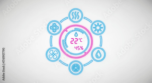 Futuristic circular smart home climate control interface with glowing neon icons for temperature and humidity.