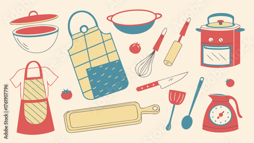A colorful flat-style illustration of kitchen tools and cookware. Includes pots, pans, cutting board, knife, rolling pin, whisk, spatula, ladle, grater, juicer, measuring cup, salt shaker, oven mitt.