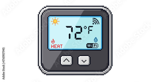 A modern smart home thermostat with a digital LCD screen showing 72 degrees Fahrenheit and Wi-Fi connectivity.