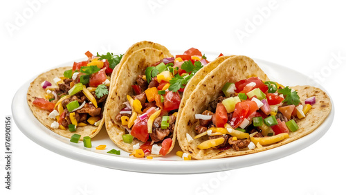 Fresh mexican tacos with beef, cheese, colorful vegetables, and cilantro on white plate isolated on the transparent background