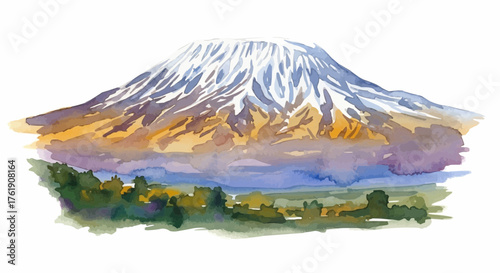 Watercolor illustration of Mount Kilimanjaro showcasing the majestic snow capped peak and vast natural landscape painted in soft tones and detailed brush textures perfect for travel posters wall art n