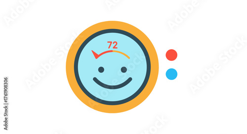 A colorful smart thermostat icon with a friendly smiley face displaying the temperature.