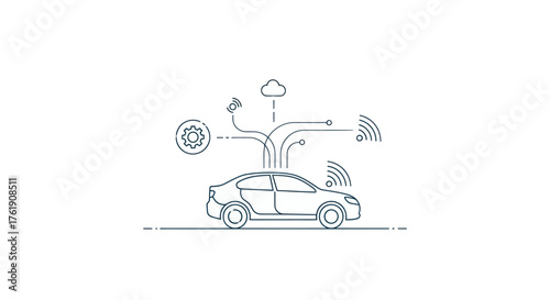 Outlined Modern Car with Connected Technology Icons.