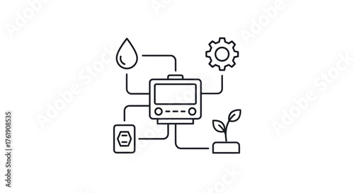 Smart Home System Diagram with Icons for Water Power Plant and Gear.