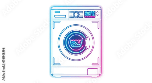 Modern Washing Machine with Digital Display and Neon Outline.