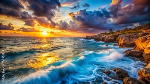 Long Exposure Mediterranean Sea Coastal Scene at Dusk, Dramatic Sky, Waves Crashing on Rocks