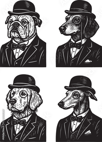 Set dogs gentlemen dressed hand drawn vector illustration