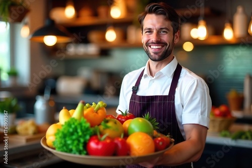 Cheerful Waiter Serving Fresh Fruits and Vegetables on a Tray in a Bright, Clean Restaurant