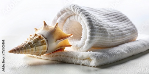 Long Exposure Seashell and Towel on White Background - Relaxing Beach Scene Stock Photo
