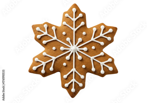 Gingerbread snowflake cookie isolated PNG on transparent background, Christmas holiday treat with white icing decoration