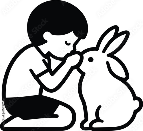 Child giving affection to a pet bunny in a cute design with an innocent and loving feeling