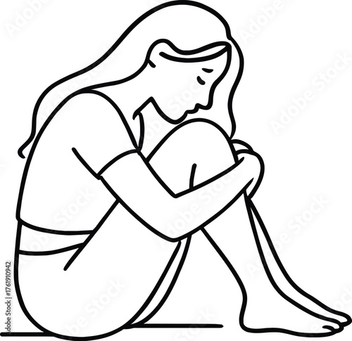 Lonely woman sitting alone and feeling sad embracing her knees in a minimalist line art drawing