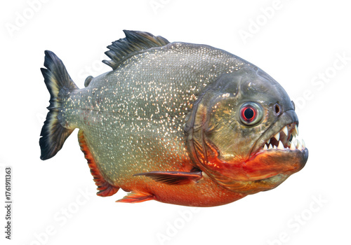 Isolated red-bellied piranha with big teeth from Amazon river basin on plain backdrop